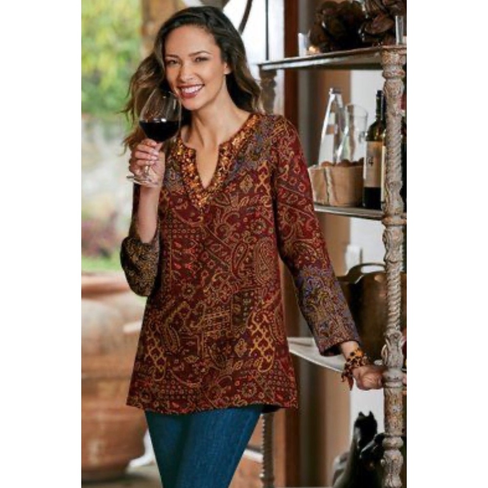 Soft Surroundings Red Paisley Tapestry Embroidered Sequin Tunic Top Plus 3X